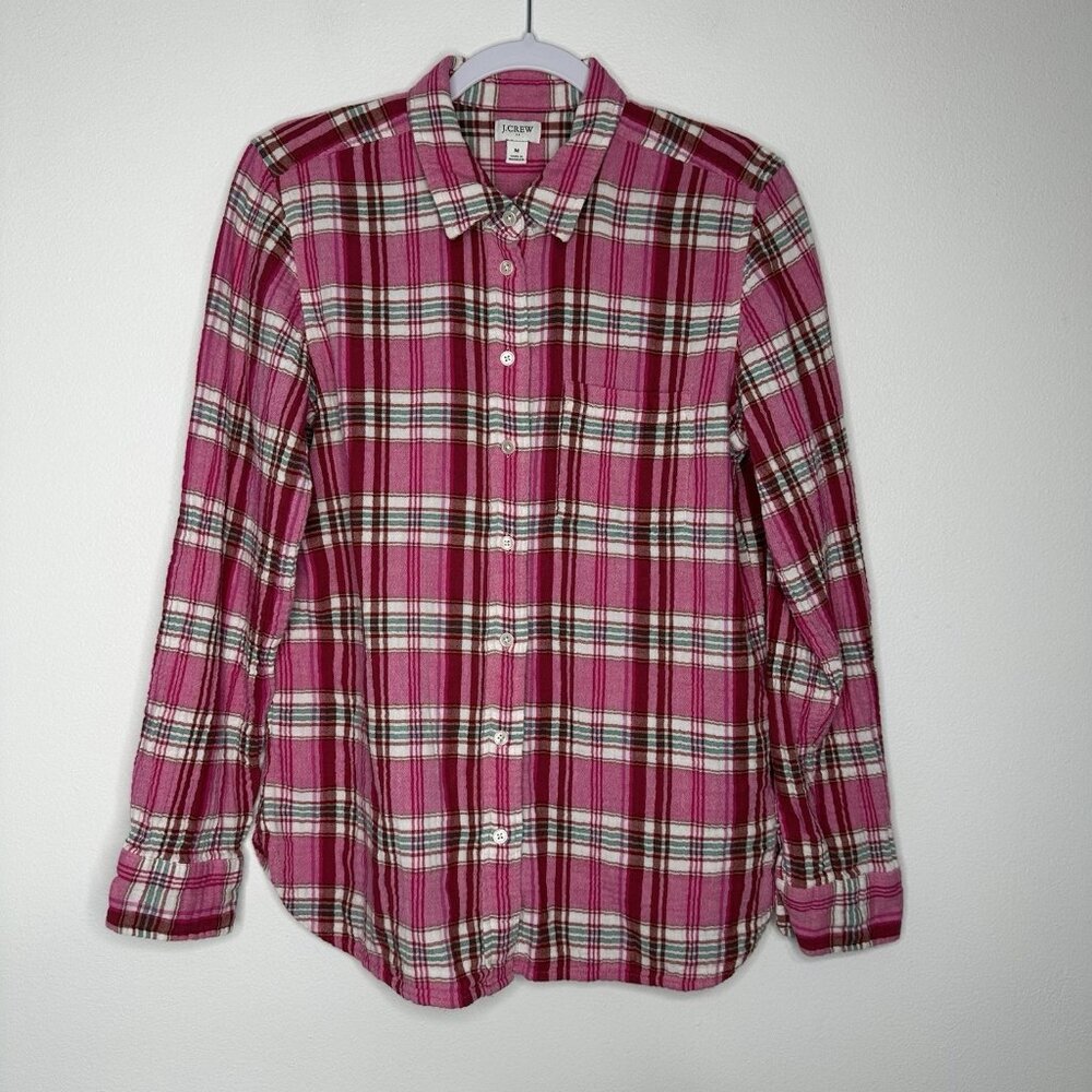 J Crew Gauze Button up Shirt Size M Plaid‎ Pink